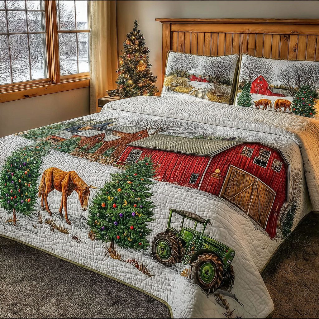 Winter Barnscape quilted 3-piece bedding set on a made bed in a winter-styled bedroom