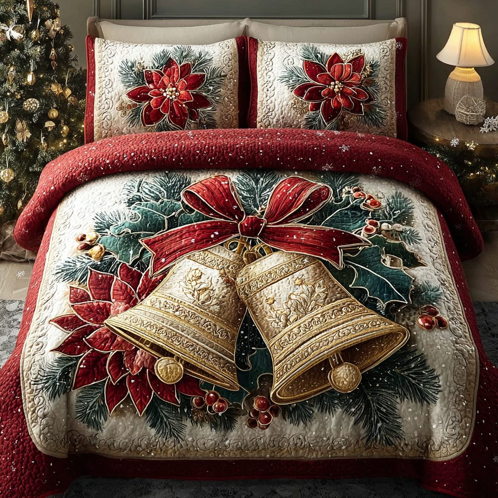 Winter Bells quilted 3-piece bedding set on a made bed in a winter-styled bedroom