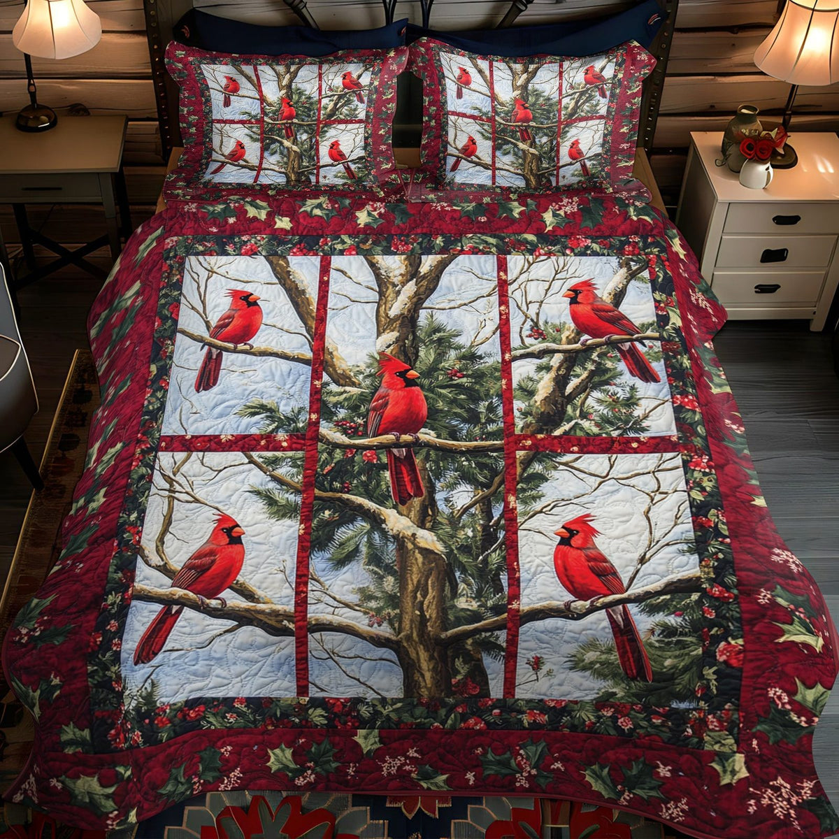 Winter Birds Rest quilted 3-piece bedding set on a made bed in a winter-styled bedroom