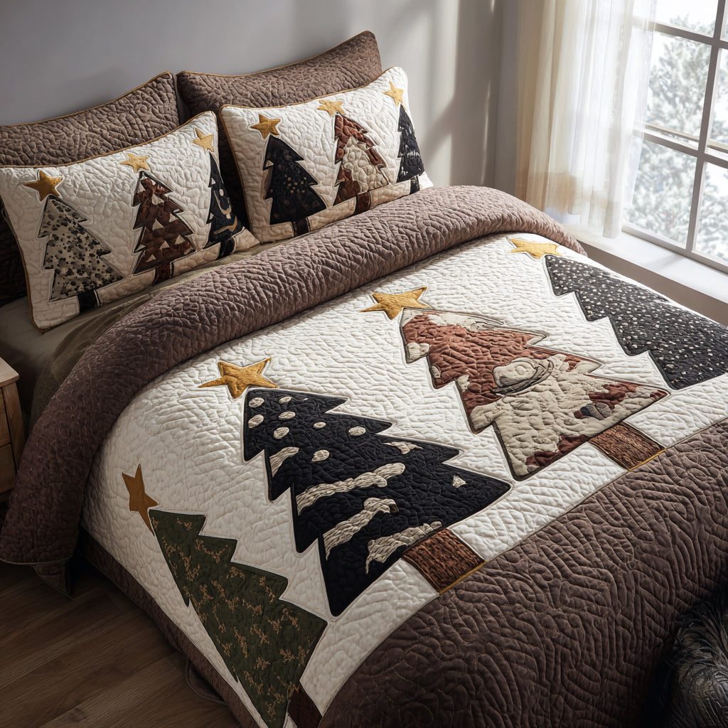 Winter Bloom quilted 3-piece bedding set on a made bed in a winter-styled bedroom