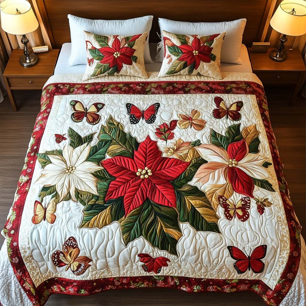 Winter Blossoms quilted 3-piece bedding set on a made bed in a winter-styled bedroom