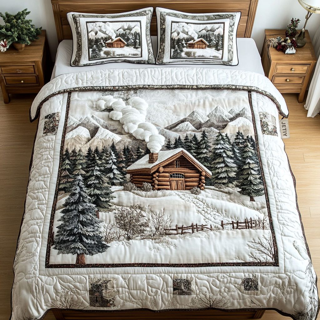 Winter Cabin Mountain quilted 3-piece bedding set on a made bed in a winter-styled bedroom