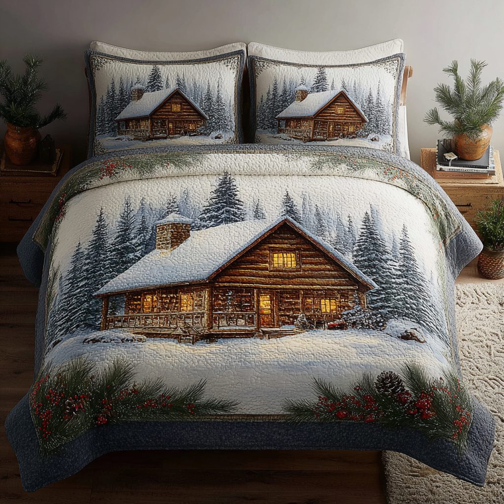 Winter Cabin quilted 3-piece bedding set on a made bed in a winter-styled bedroom