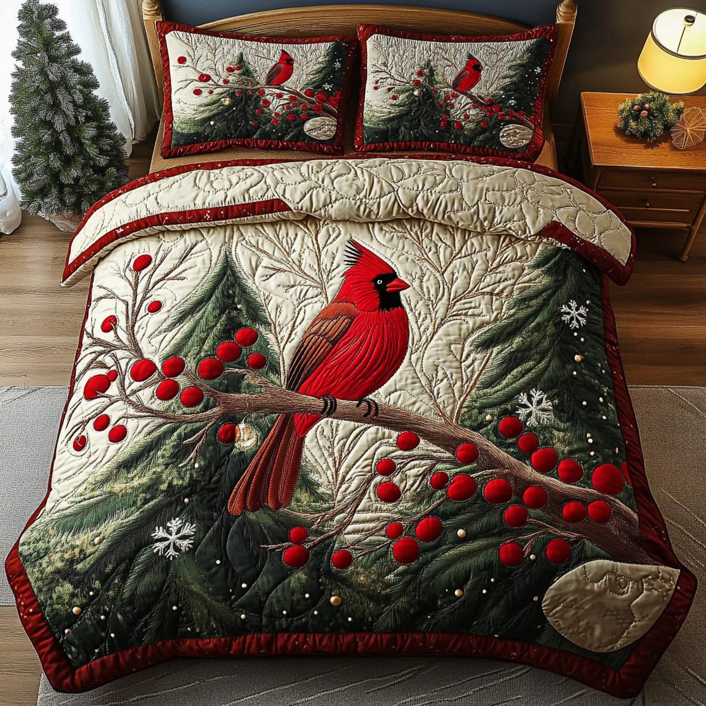 Winter Cardinal Bliss quilted 3-piece bedding set on a made bed in a winter-styled bedroom