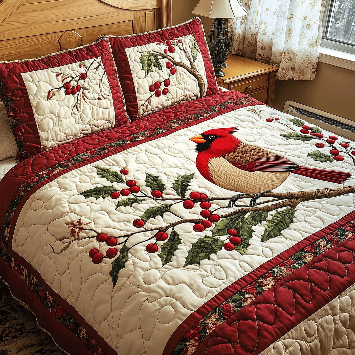 Winter Cardinal Bliss quilted 3-piece bedding set on a made bed in a winter-styled bedroom