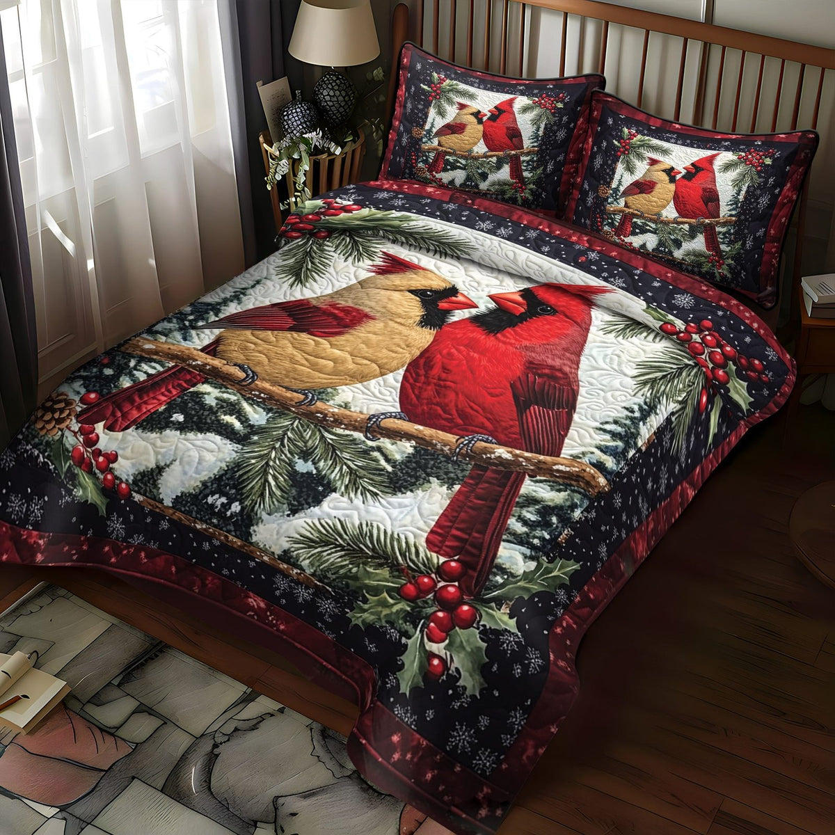 Winter Cardinal Nest quilted 3-piece bedding set on a made bed in a winter-styled bedroom