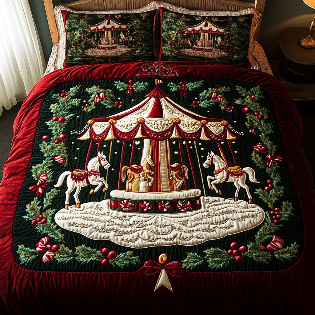 Winter Carousel Dreams quilted 3-piece bedding set on a made bed in a winter-styled bedroom
