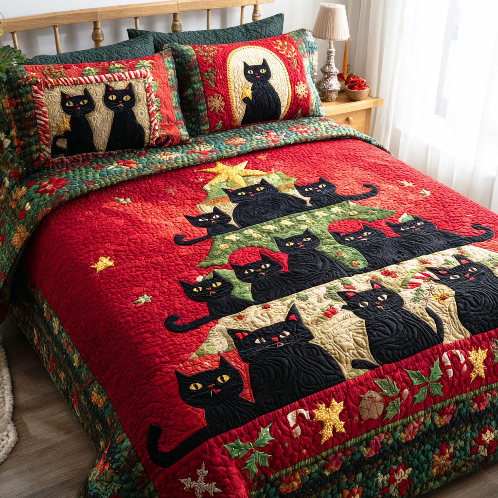 Winter Cat Glow quilted 3-piece bedding set on a made bed in a winter-styled bedroom
