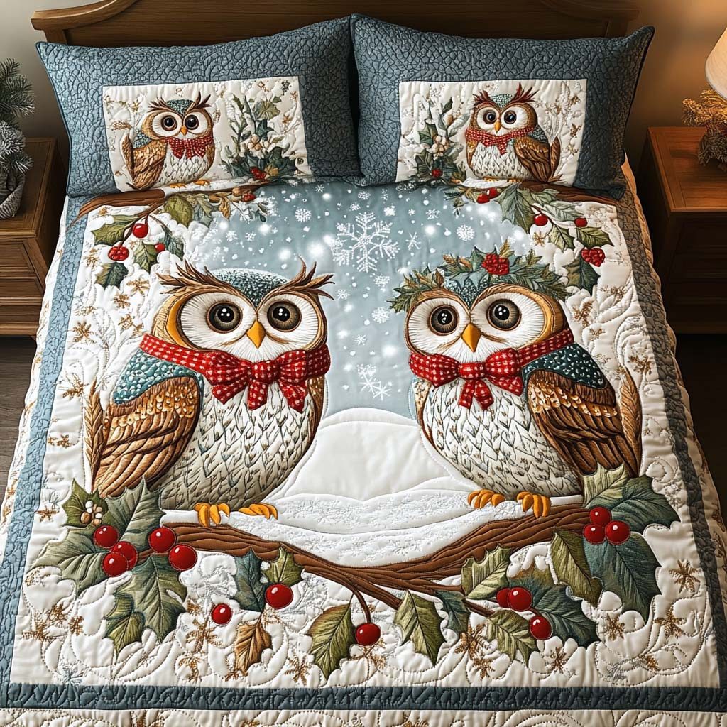 Winter Companions quilted 3-piece bedding set on a made bed in a winter-styled bedroom