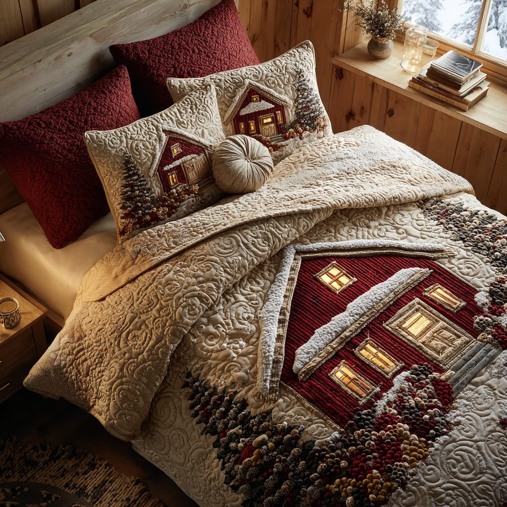 Winter Cottage quilted 3-piece bedding set on a made bed in a winter-styled bedroom