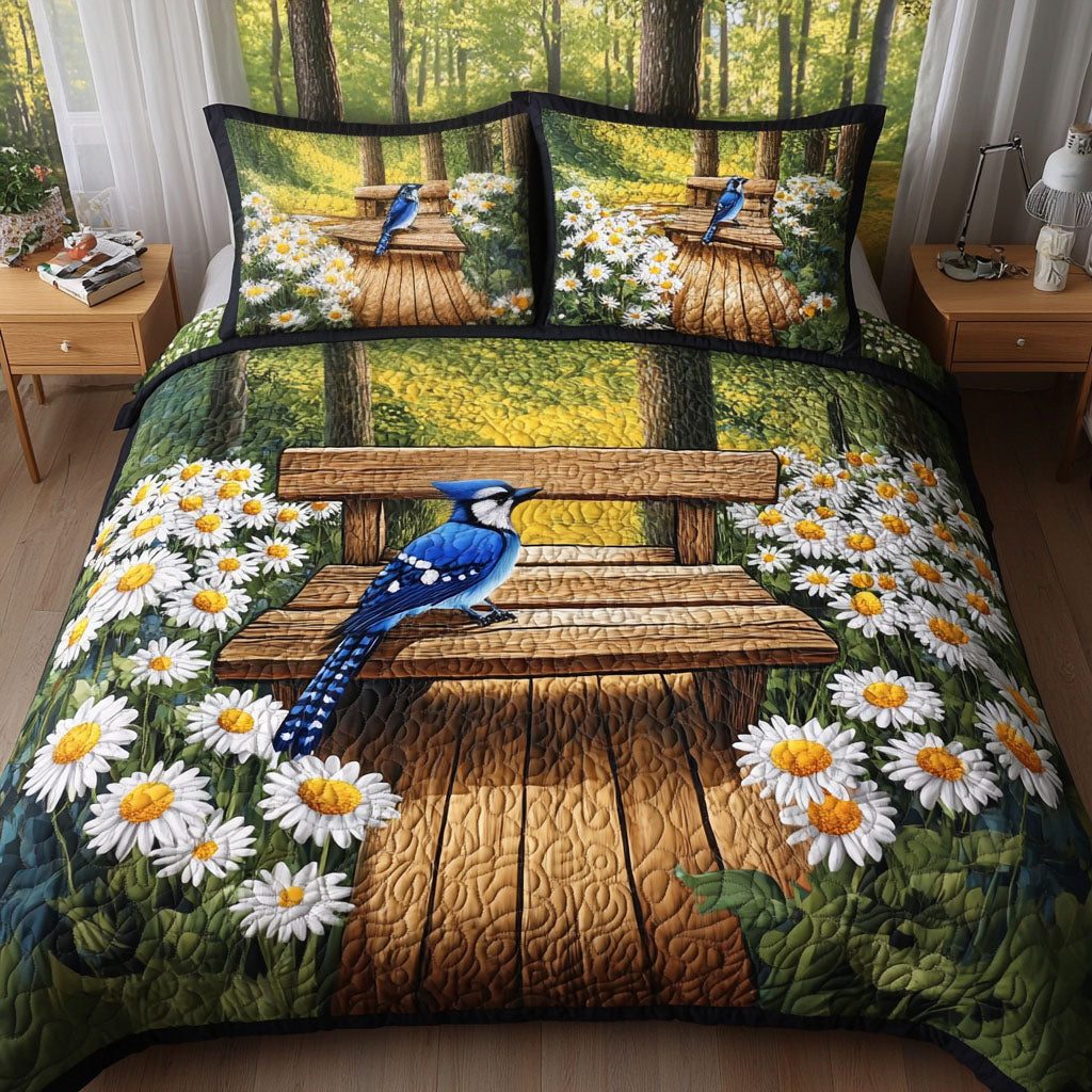 Winter Cottage quilted 3-piece bedding set on a made bed in a winter-styled bedroom