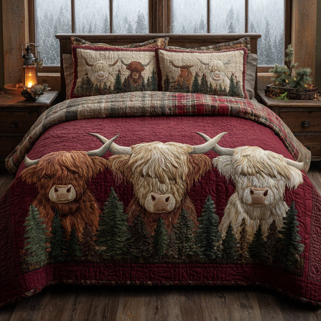 Winter Cow quilted 3-piece bedding set on a made bed in a winter-styled bedroom