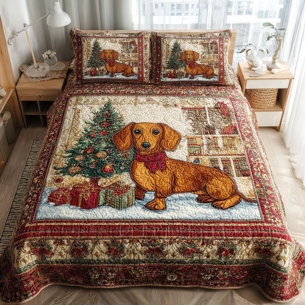 Winter Dachshund Scene quilted 3-piece bedding set on a made bed in a winter-styled bedroom
