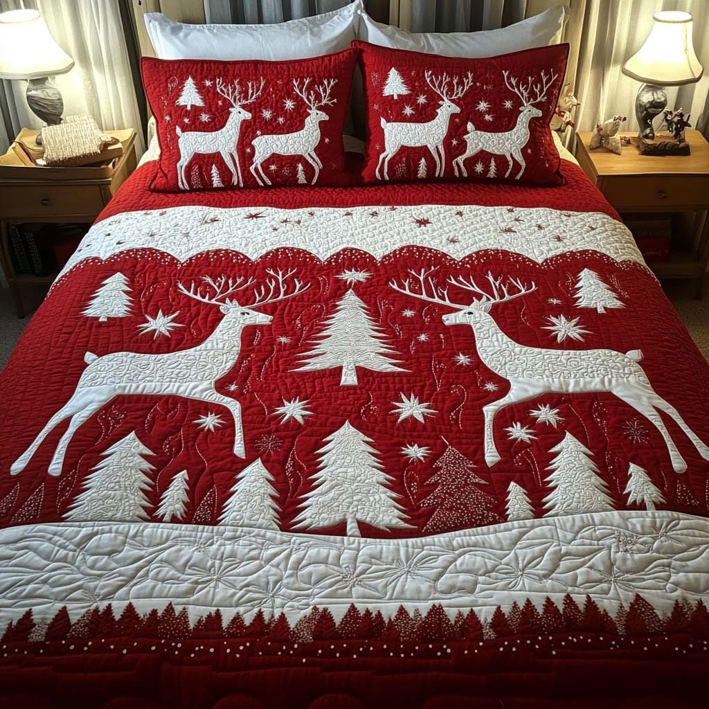 Winter Deer Fantasy quilted 3-piece bedding set on a made bed in a winter-styled bedroom