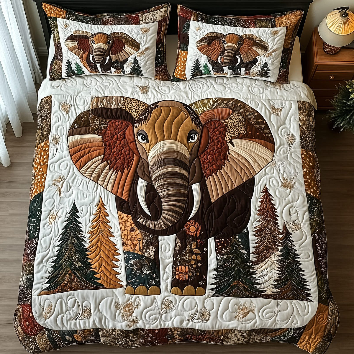 Winter Elephant quilted 3-piece bedding set on a made bed in a winter-styled bedroom