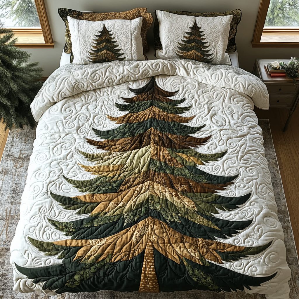 Winter Evergreen Glow quilted 3-piece bedding set on a made bed in a winter-styled bedroom