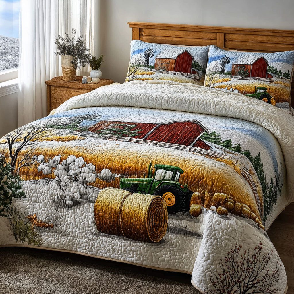 Winter Farmstead quilted 3-piece bedding set on a made bed in a winter-styled bedroom