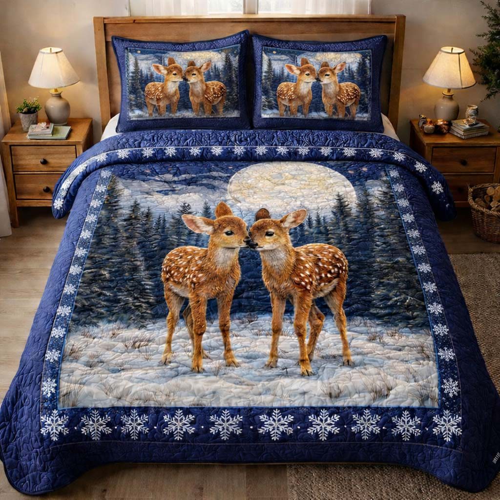 Winter Fawn Pair quilted 3-piece bedding set on a made bed in a winter-styled bedroom
