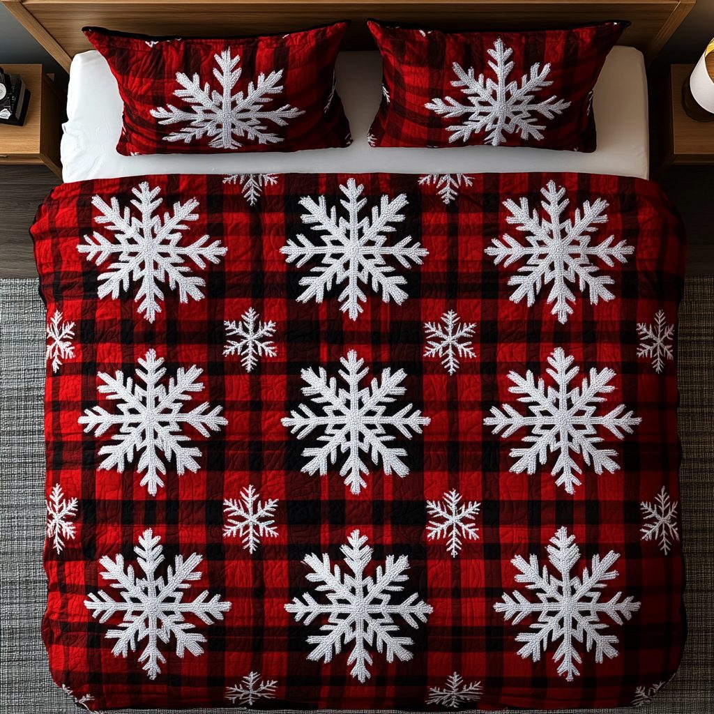 Winter Flannel quilted 3-piece bedding set on a made bed in a winter-styled bedroom