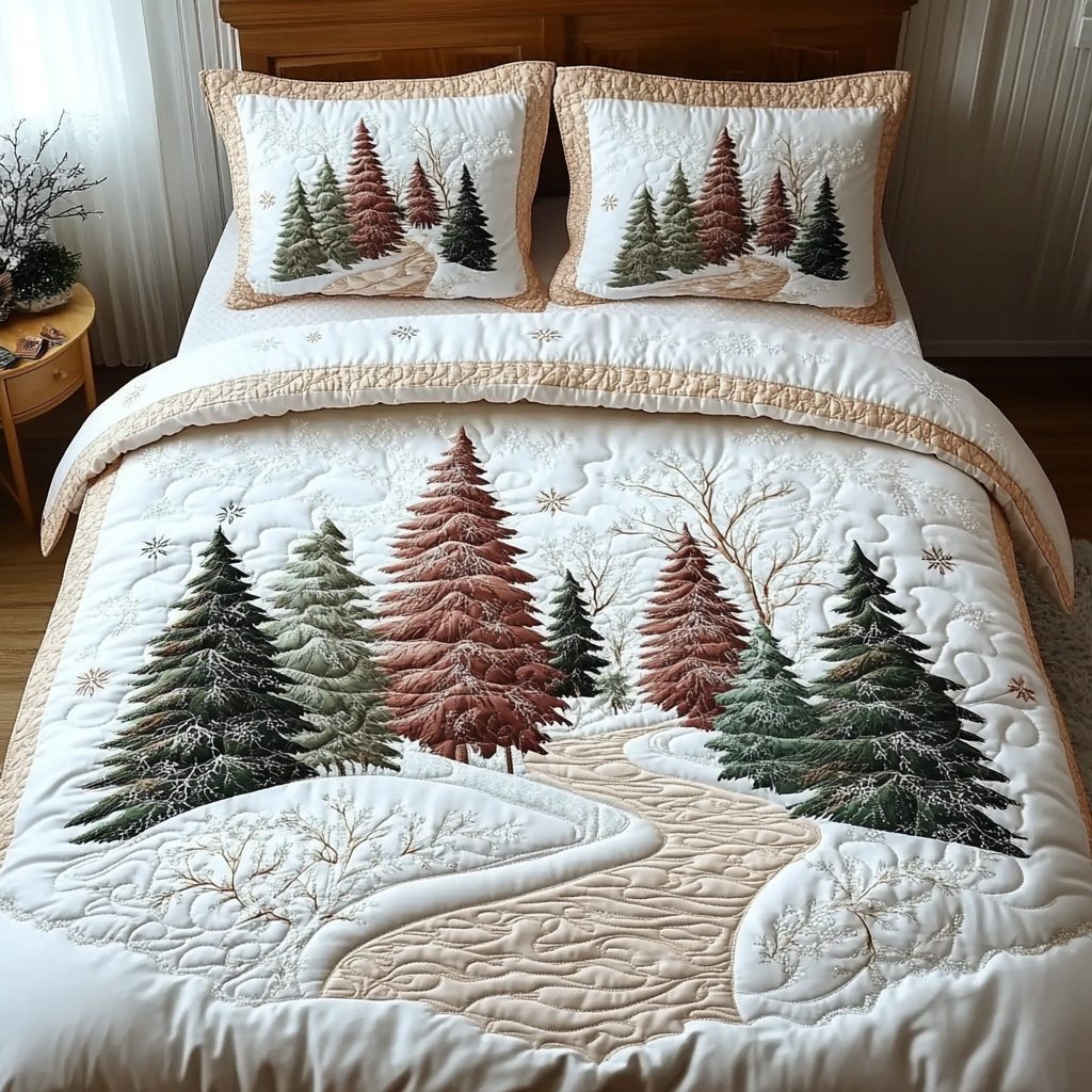 Winter Forest Dream quilted 3-piece bedding set on a made bed in a winter-styled bedroom
