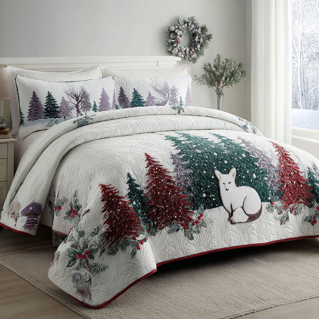 Winter Forest Fox quilted 3-piece bedding set on a made bed in a winter-styled bedroom