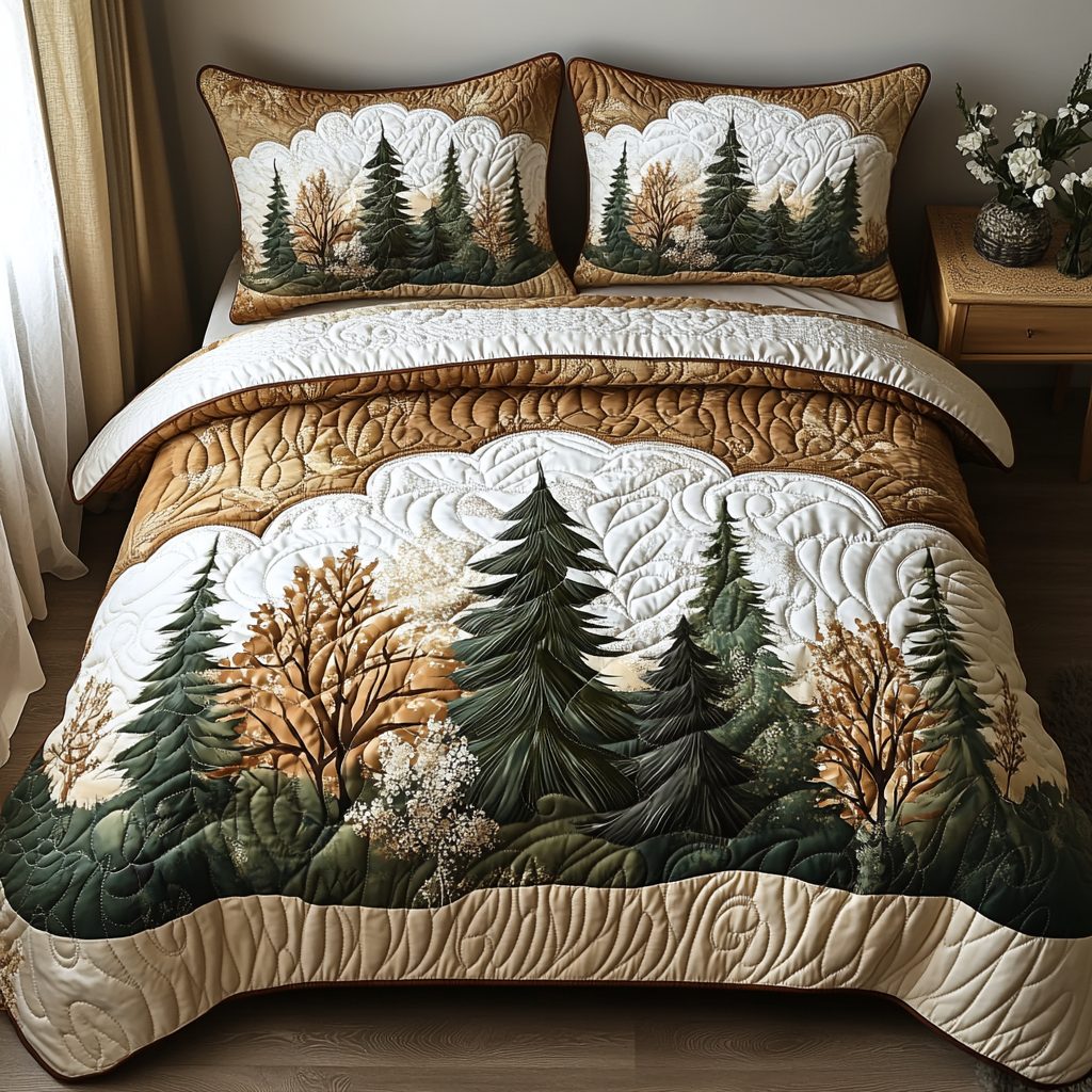 Winter Forest Magic quilted 3-piece bedding set on a made bed in a winter-styled bedroom