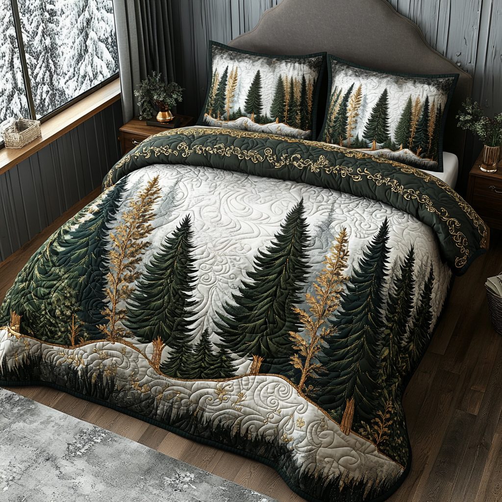 Winter Forest Path quilted 3-piece bedding set on a made bed in a winter-styled bedroom