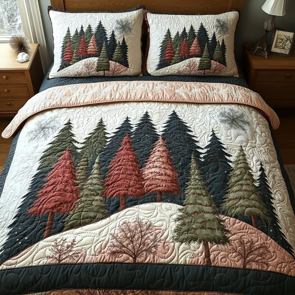 Winter Forest Serenity quilted 3-piece bedding set on a made bed in a winter-styled bedroom