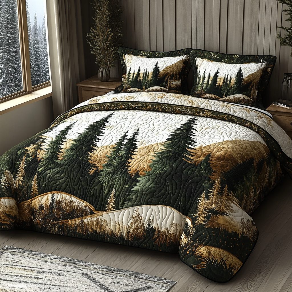 Winter Forest Wonders quilted 3-piece bedding set on a made bed in a winter-styled bedroom