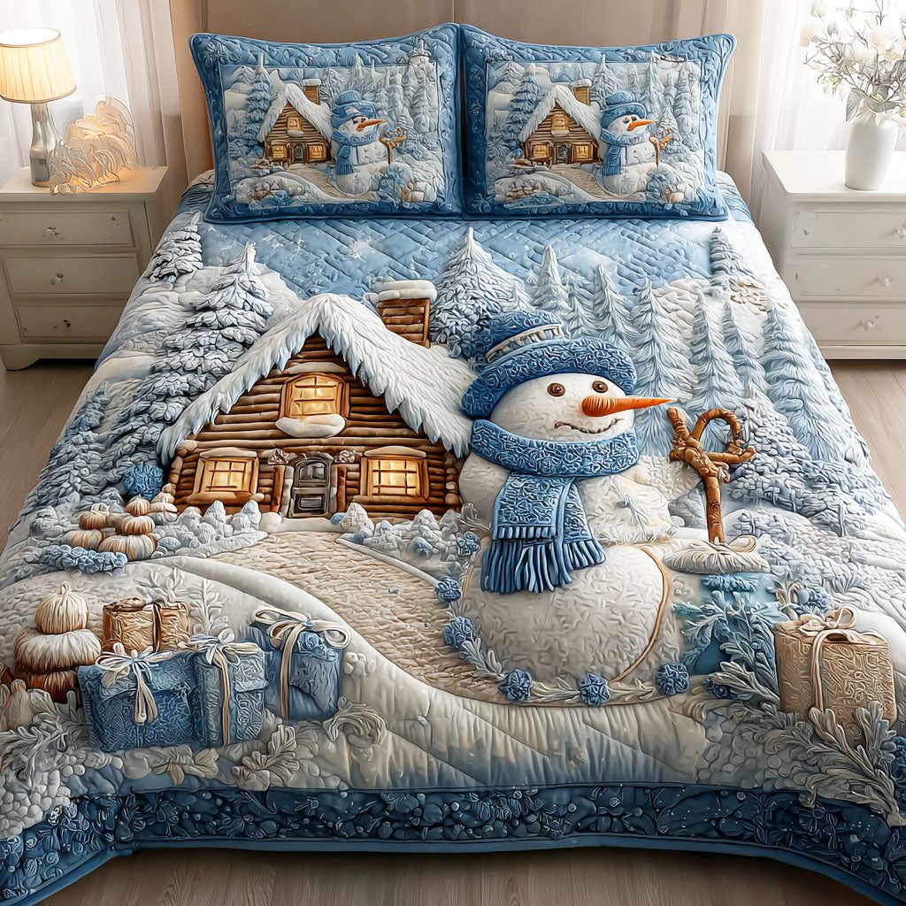 Winter Frost Glow quilted 3-piece bedding set on a made bed in a winter-styled bedroom