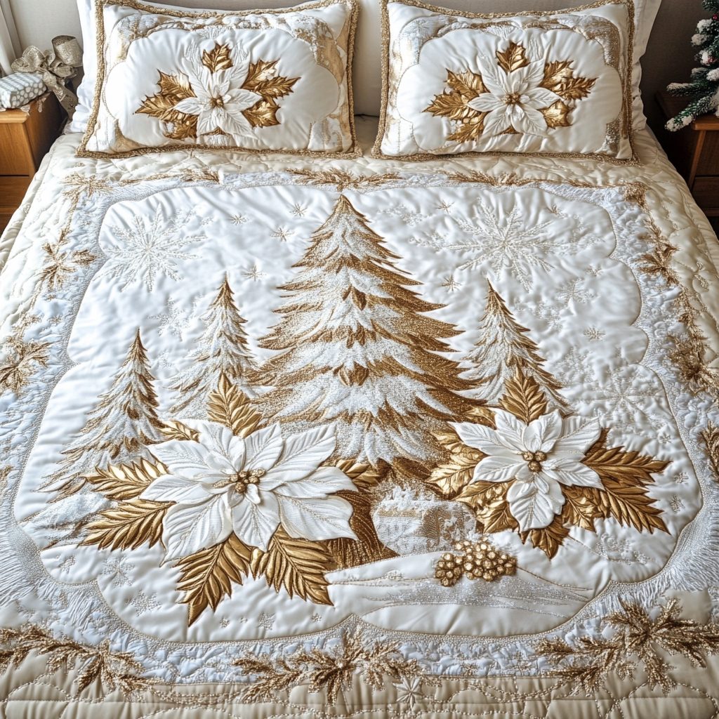 Winter Glow Haven quilted 3-piece bedding set on a made bed in a winter-styled bedroom