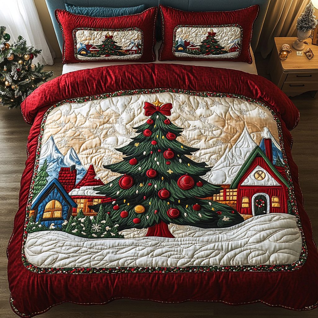 Winter Glow quilted 3-piece bedding set on a made bed in a winter-styled bedroom