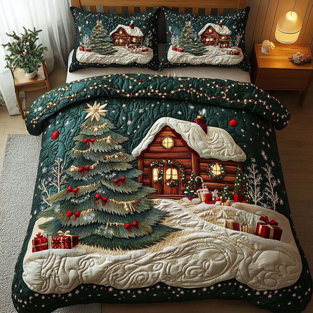 Winter Glow quilted 3-piece bedding set on a made bed in a winter-styled bedroom