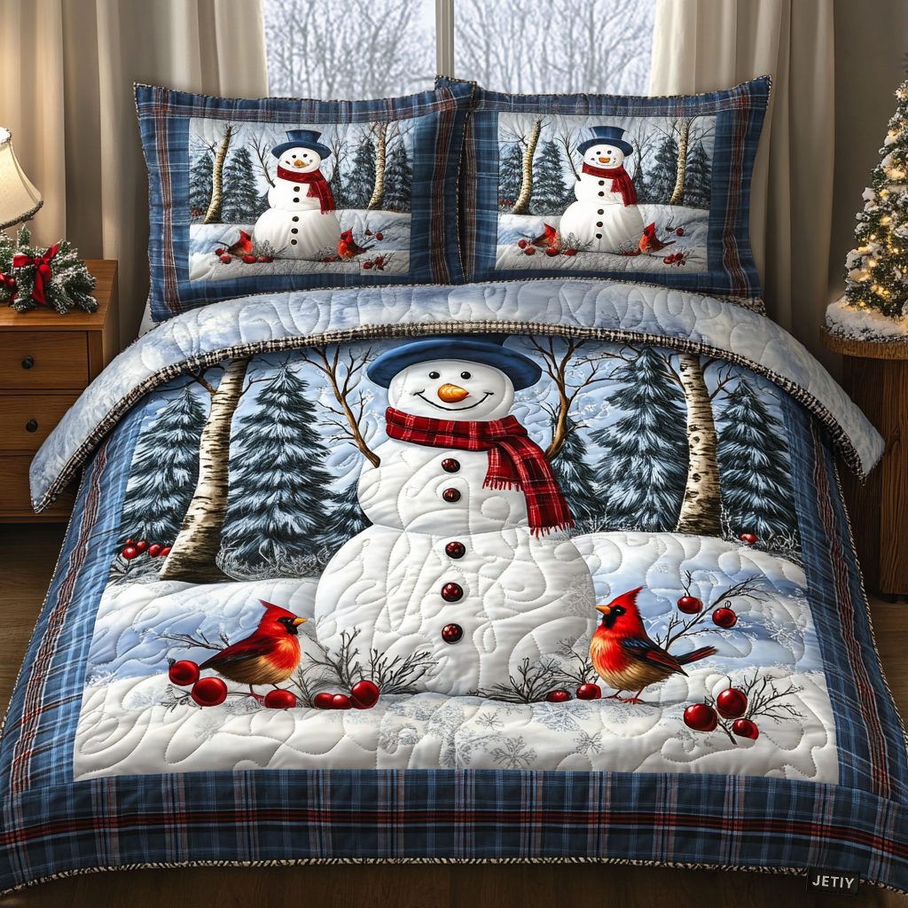 Winter Glow quilted 3-piece bedding set on a made bed in a winter-styled bedroom