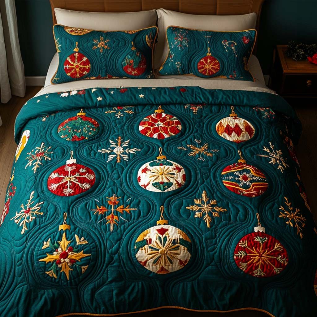 Winter Glow quilted 3-piece bedding set on a made bed in a winter-styled bedroom