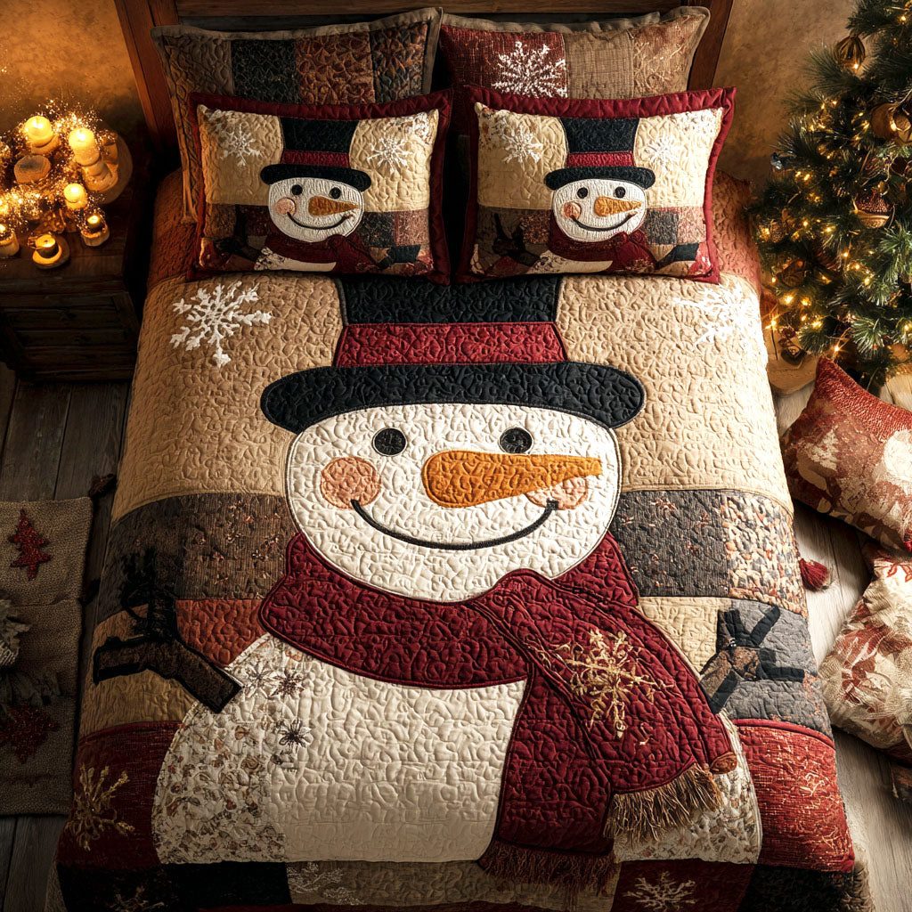 Winter Glow quilted 3-piece bedding set on a made bed in a winter-styled bedroom