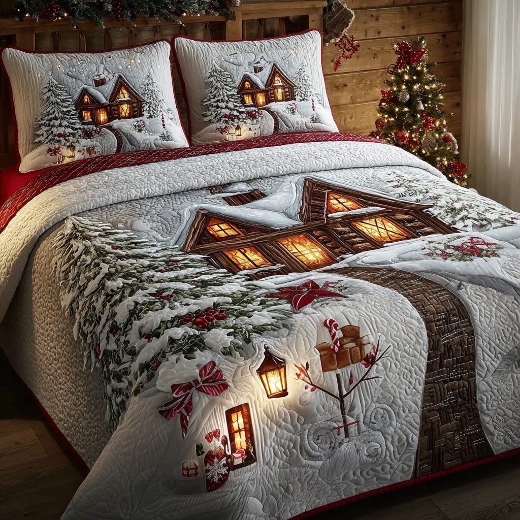 Winter Glow quilted 3-piece bedding set on a made bed in a winter-styled bedroom