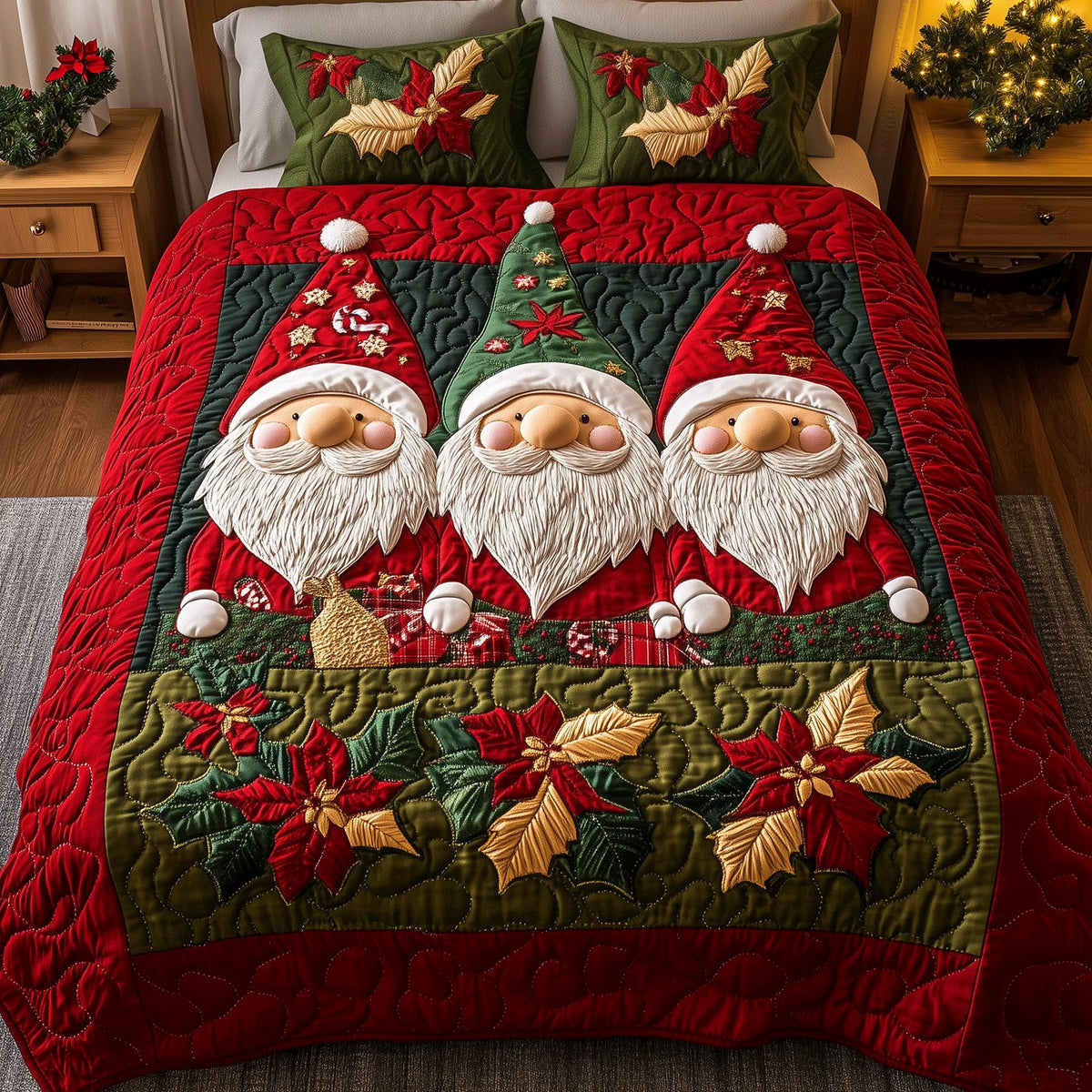 Winter Gnome Wonderland quilted 3-piece bedding set on a made bed in a winter-styled bedroom