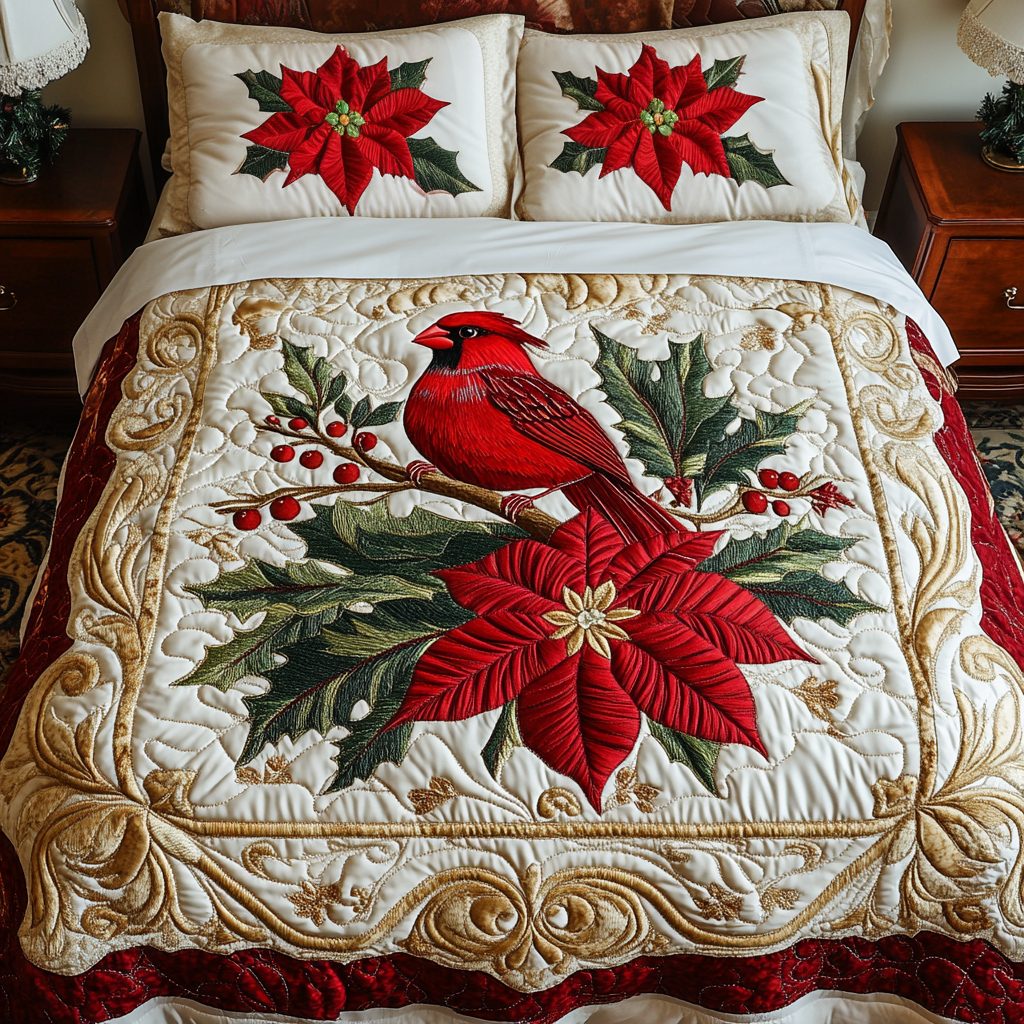 Winter Grace quilted 3-piece bedding set on a made bed in a winter-styled bedroom