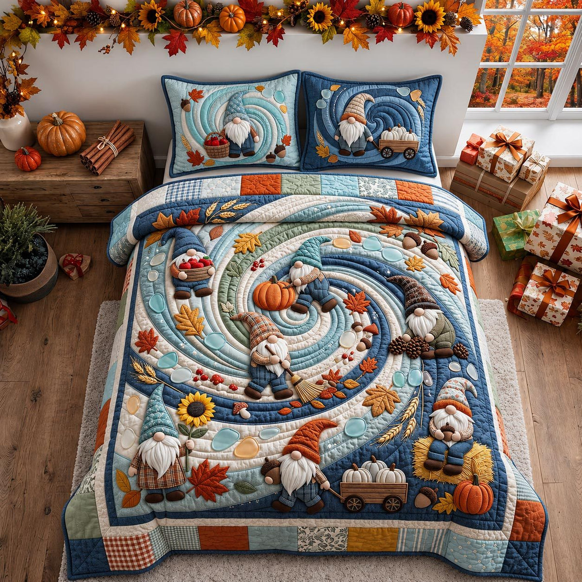 Winter Harvest quilted 3-piece bedding set on a made bed in a winter-styled bedroom