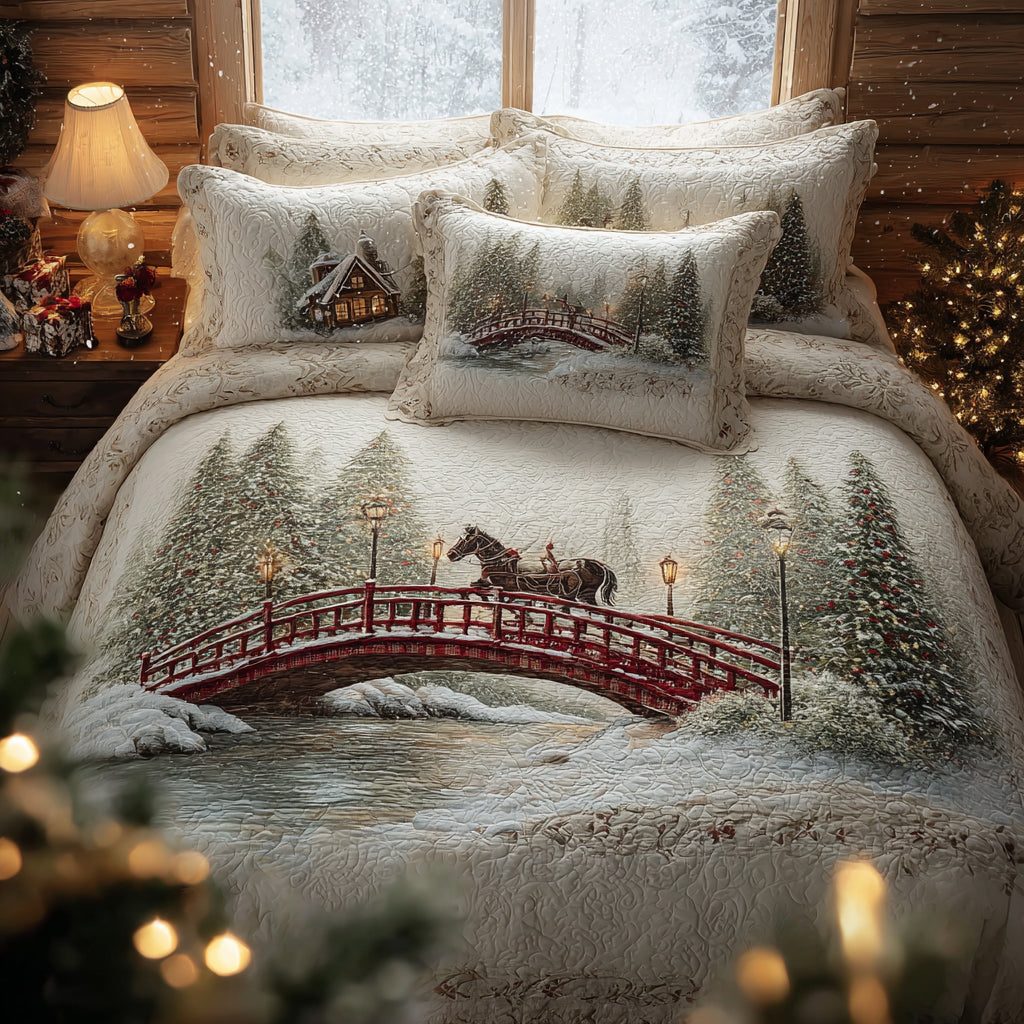 Winter Hearth quilted 3-piece bedding set on a made bed in a winter-styled bedroom