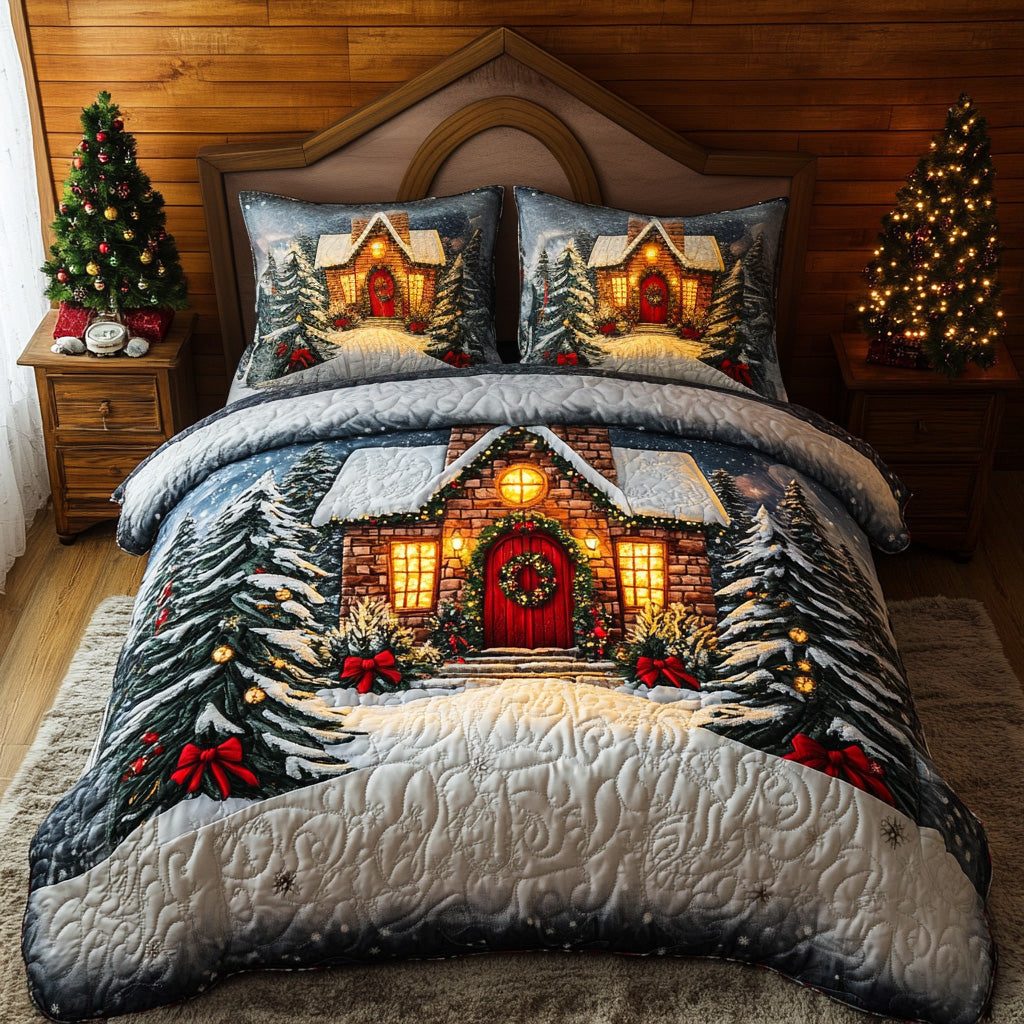 Winter Home Light quilted 3-piece bedding set on a made bed in a winter-styled bedroom