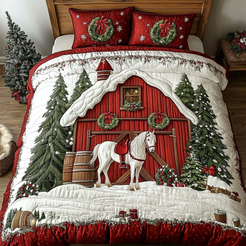 Winter Horses quilted 3-piece bedding set on a made bed in a winter-styled bedroom