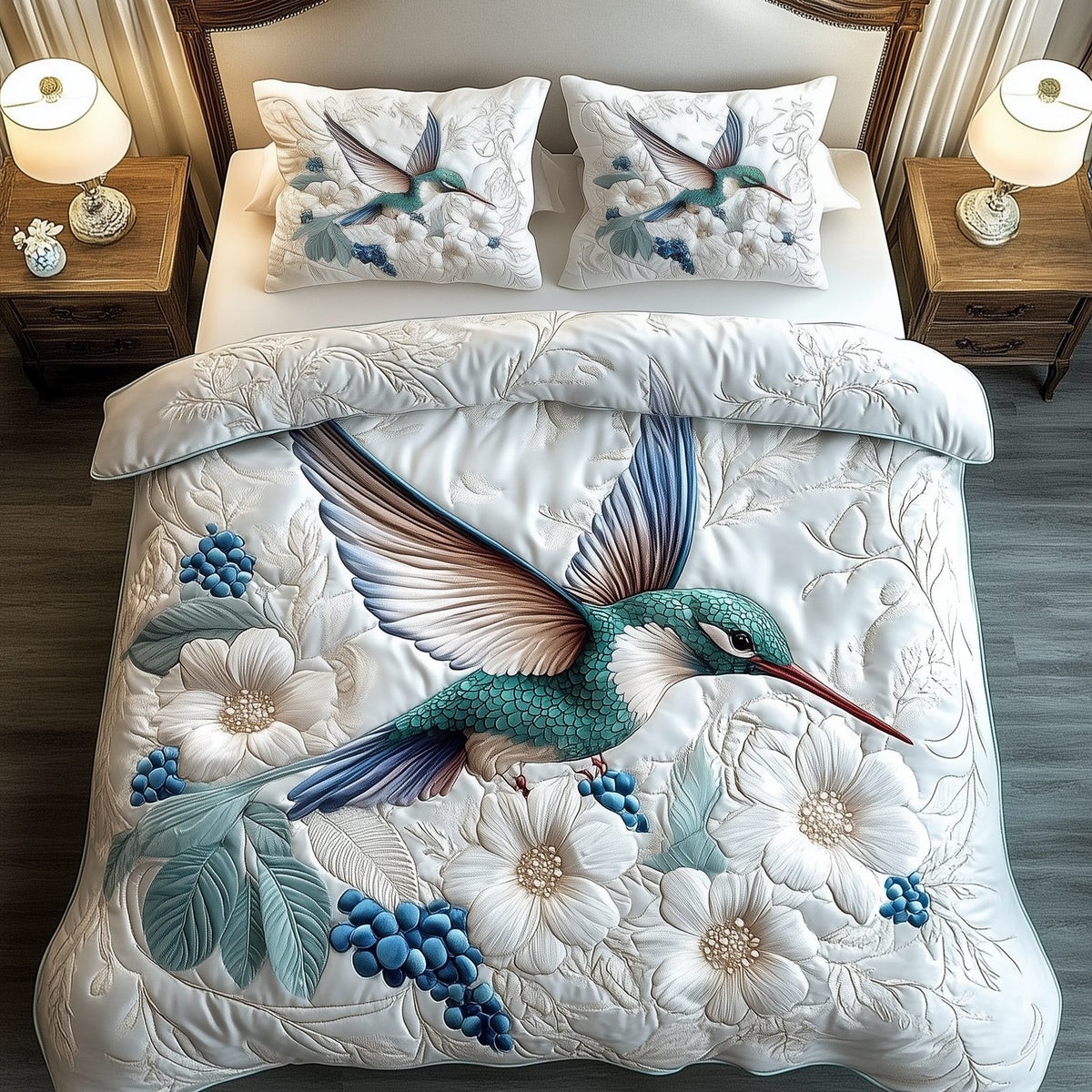 Winter Hummingbird quilted 3-piece bedding set on a made bed in a winter-styled bedroom
