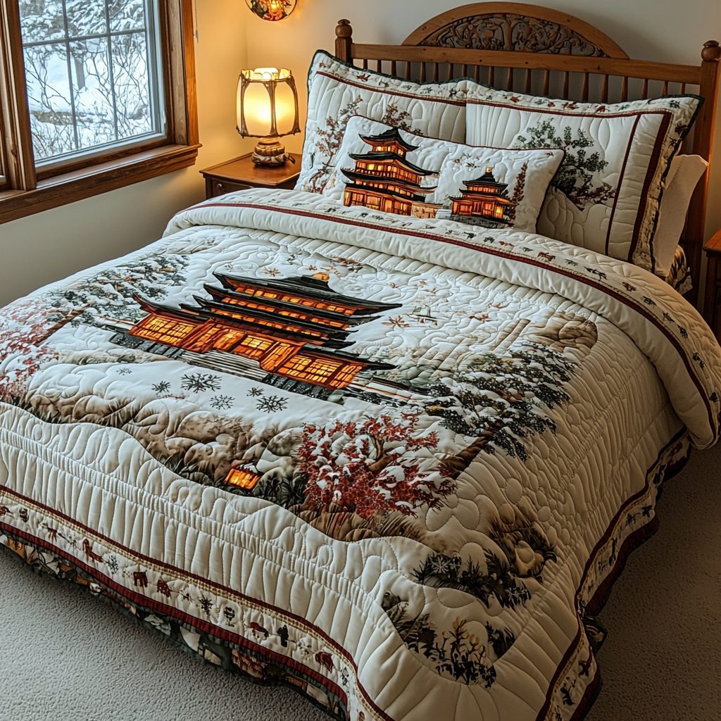 Winter Japanese Pagoda quilted 3-piece bedding set on a made bed in a winter-styled bedroom