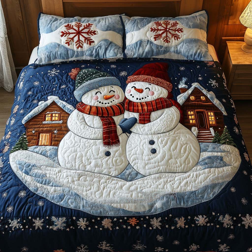 Winter Joy quilted 3-piece bedding set on a made bed in a winter-styled bedroom