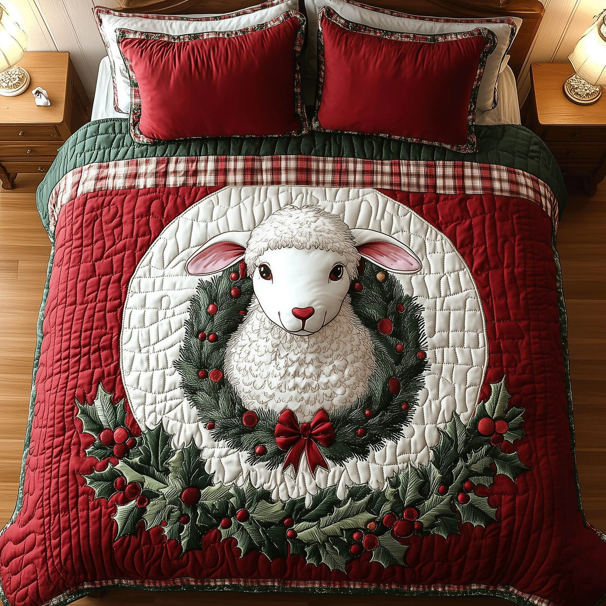 Winter Lamb Bliss quilted 3-piece bedding set on a made bed in a winter-styled bedroom