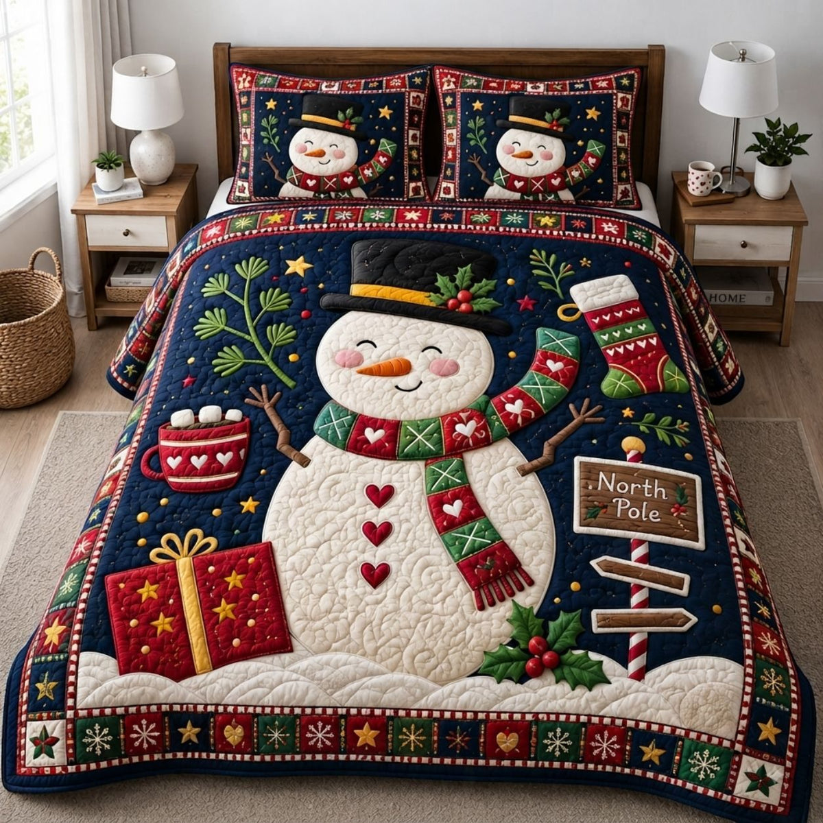 Winter Magic quilted 3-piece bedding set on a made bed in a winter-styled bedroom