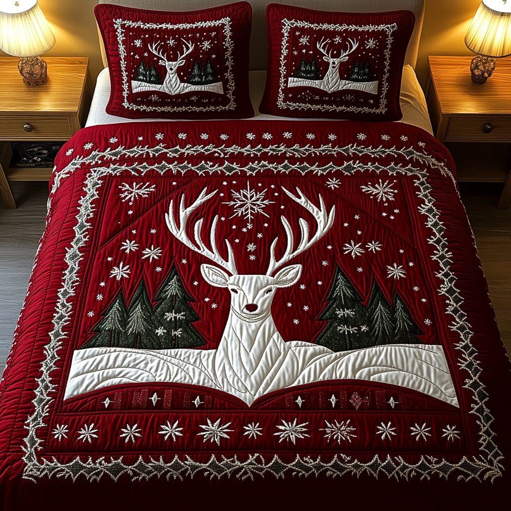 Winter Majesty quilted 3-piece bedding set on a made bed in a winter-styled bedroom