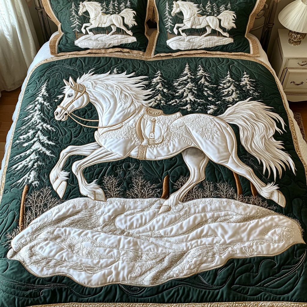 Winter Majesty quilted 3-piece bedding set on a made bed in a winter-styled bedroom